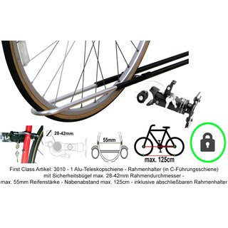 Fahrradtrger Paulchen - First Class Artikelnummer 3010 - Eine Fahrradschiene - 1 Fahrrad-Rahmenhalter fr das Erste Fahrrad auf dem Hecktrger - Rahmenstrke min. 20mm max. 42mm - Reifenstrke max. 55mm - Nabenabstand max. 125cm - inkl. Diebstahlsicherung