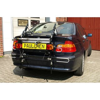 Paulchen Veloträger - BMW 3er Stufenheck E46 ab 04/1998- - Trägersystem Tieflader - Schienensystem First Class - Schienen sind anklappbar (unbeladen)